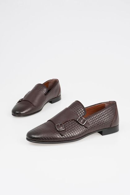 Genuine Leather Men's Patterned Loafer Shoes with Double Belt Detail
