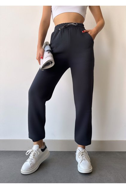 Kadın Antrasit Yüksek Bel Paçası Lastikli Basic Jogger Eşofman Altı