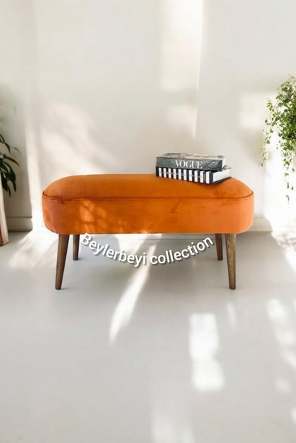 Retro Gürgen Ceviz Renk Ahşap Ayaklı Geniş Oturum Alanlı Özel Tasarım Oval Bench Turuncu