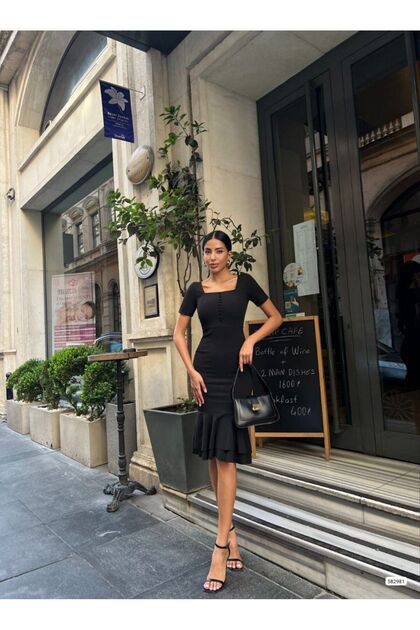 Women's Black Square Neck Short Sleeve Button Detail Double Flounce Midi Evening Dress