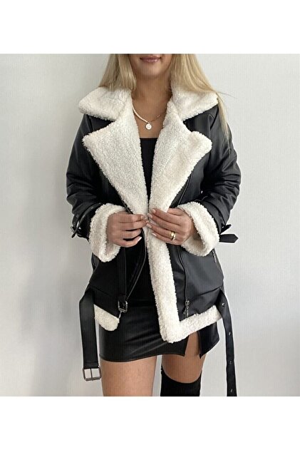WoolnClyde Kadın Siyah Içi Kürklü Oversize Uzun Suni Deri Ceket