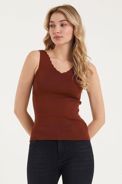 Women's Brown V Ladder Neck Stretchy Knitwear Fabric Long Crop Sleeveless Athlete Blouse