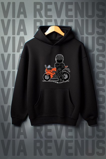 Biker Printed Kangaroo Pocket 3 Thread Ribbed Wide Fit Hooded Sweatshirt