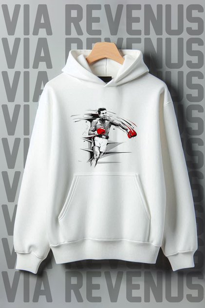Muhammad Ali Printed White Kangaroo Pocket 3 Thread Threaded Wide Fit Hooded Sweatshirt