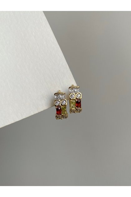 Steel Gold Full Stone Multicolored Lucian Hoop Earrings - Does Not Tarnish -