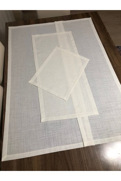 4 Parça Linen Kumaş Işlemelik Salon Takımı Krem Renk