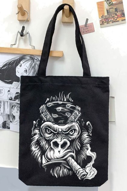 Cigarette Smoking Gorilla Black Unisex Canvas Bag Gabardine Canvas