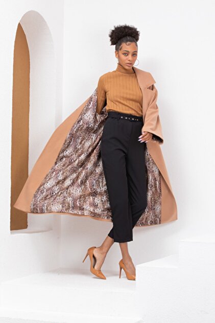 Pitti Kadın Camel Leopar Astarlı Kaşe Kolları Fermuarlı Kuşaklı