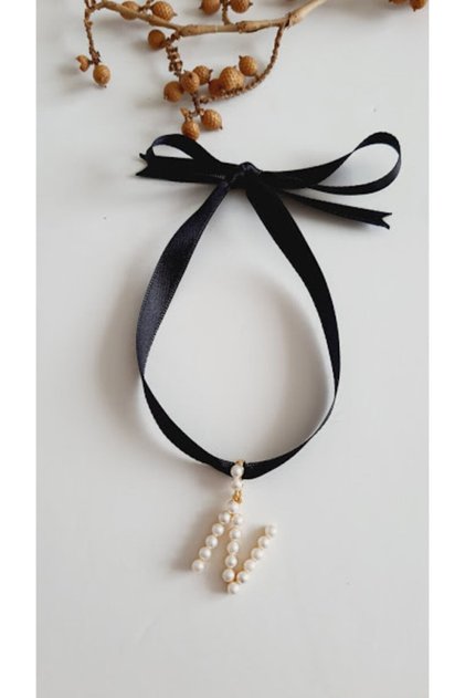 Letter N Style Pearl Ribbon Choker Necklace