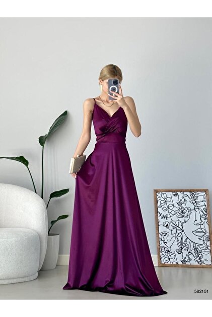 WoolnClyde Women's Purple Maxi Strap Double Breasted Neckline Satin Evening Dress Graduation Party Engagement Wedding Dress Evening Dress- Trendyol WoolnClyde Women's Purple Maxi Strap Double Breasted Neckline Satin Evening Dress Graduation Party Engagement Wedding Dress Evening Dress- Trendyol
