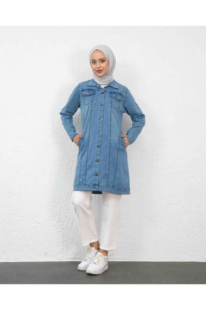 Long Denim Jacket with Sanding Detail