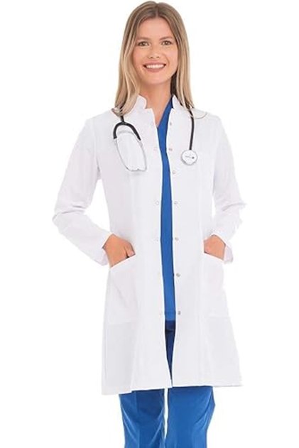 Hakim Yaka Orta Boy Beyaz Kadın Doktor Öğretmen Laboratuvar Önlüğü