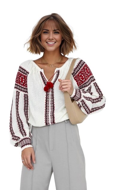 Women's V-Neck White Knitted Tassel Cotton Knitwear Blouse