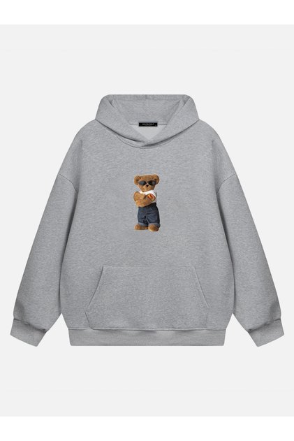 Unisex Teddy Bear Printed Hooded Fleece Oversize Sweatshirt