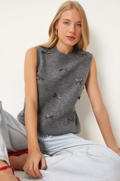 Women's Anthracite Bowknot Knitwear Sweater Pf00079