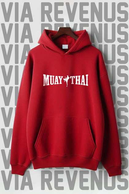 Muay Thai Text Printed Kangaroo Pocket 3 Thread Threaded Oversize Wide Fit Hooded Sweatshirt