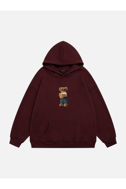 Unisex Teddy Bear Printed Hooded Fleece Oversize Sweatshirt