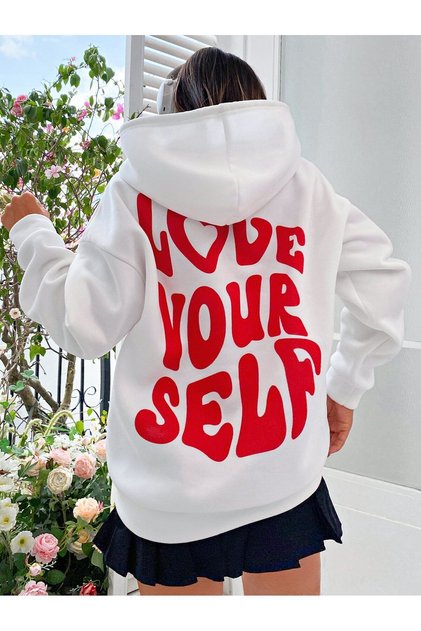Love Yoursel Kalın Kışlık Sweatshirt - Beyaz Baskılı Oversize Şardonlu Cepli Kapüşonlu