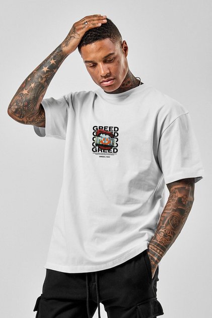 Unisex White Oversize T-Shirt with Greed Print
