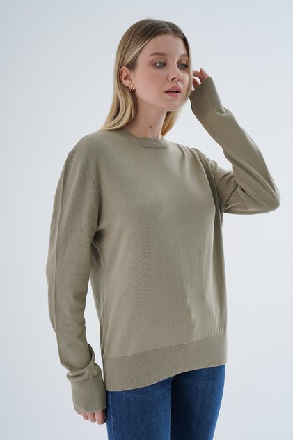 Women's Light Mink 100% Organic Cotton Crew Neck Knitwear Sweater Blouse Trıst-6101