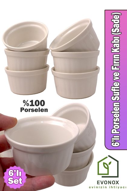 6'lı Porselen Klasik Sufle Kasesi - Sade - 10 Cm, Zarif ve Pratik 6'lı Porselen Klasik Sufle Kabı