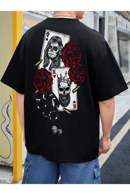 Unisex Oversize Μαύρο T-shirt με στάμπα ROSE SUKUL στην πλάτη