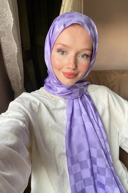 Mai Derya Ipeksi Jacquard Italian Shawl Checkerboard Pattern - Violet