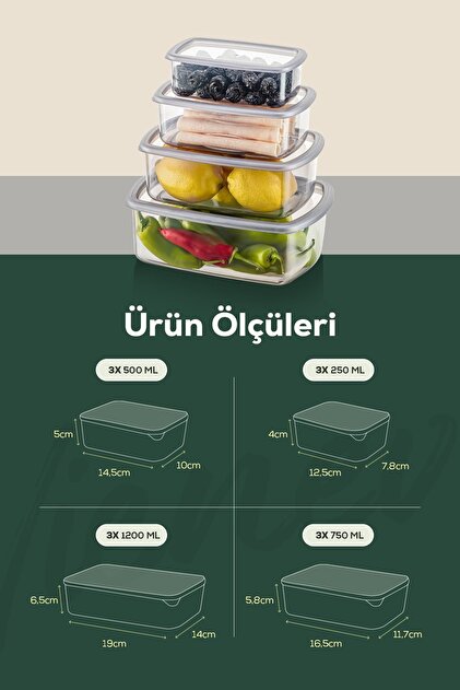 Vienev 12'li Hava Geçirmez Saklama Kabı Seti Antrasit 3x(250-500