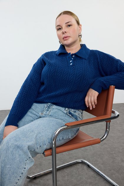 Indigo Hair Knit Detailed Collar Button Knitwear Sweater Tbbaw25An00016