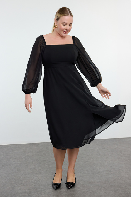 Trendyol Curve Square Neck Black Chiffon Midi Dress - Slit, Plus Size  TBBAW23AH00107- Trendyol
