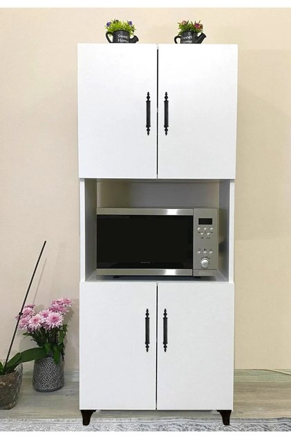 4 Kapaklı Orta Bölmeli 4 Kapılı Çok Amaçlı Beyaz Mikrodalga Mini Fırın Mutfak Dolabı Siyah