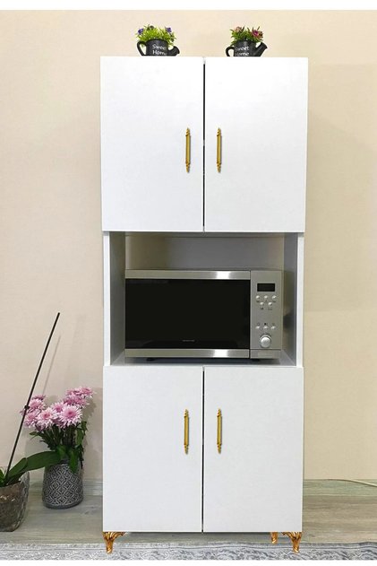 4 Kapaklı Orta Bölmeli 4 Kapılı Çok Amaçlı Beyaz Mikrodalga Mini Fırın Mutfak Dolabı Gold