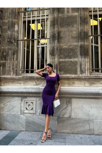 Women's Purple Square Neck Short Sleeve Button Detail Double Flounce Midi Evening Dress