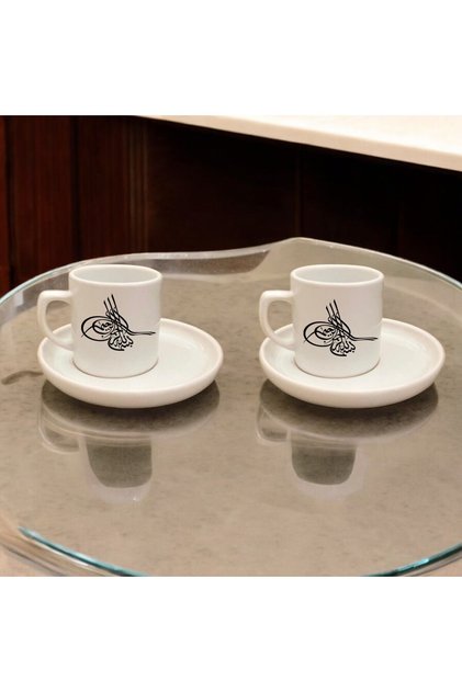 Coffee Cup Set with Ottoman Tughra (Imperial Seal) - 2-Piece Turkish Coffee Cup Set, 4-Piece Tughra Design