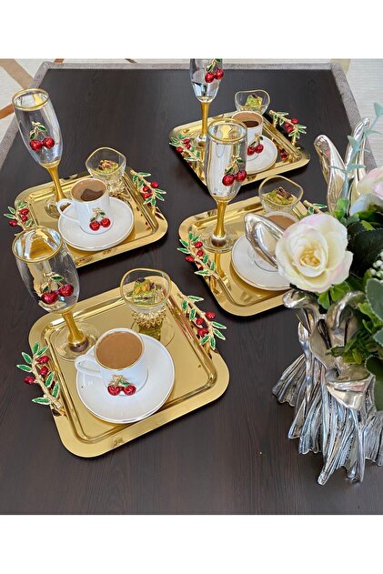 atabey home collection 2'li Kahve & Çay & Sunum Tepsisi Gold Tepsi