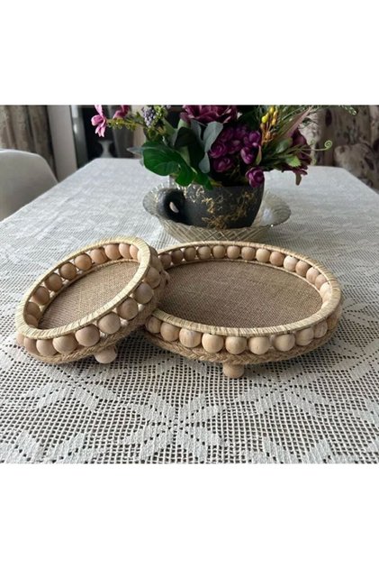 Wooden Beaded Natural Raffia Wicker Tray Basket Bathroom Organizer 26 cm and 17cm