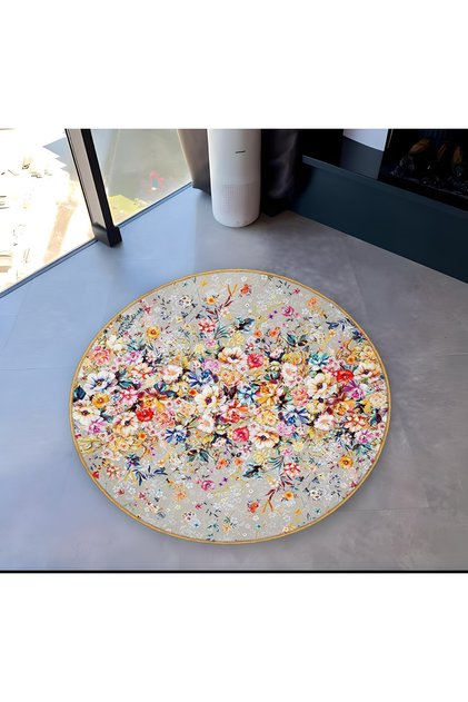 Mira Round Multicolored Flowers Patterned Woven Base Decorative Carpet 5766
