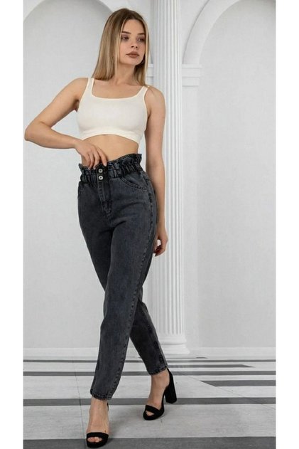 Kadın Yüksek Bel Mom Jeans Bel Lastikli