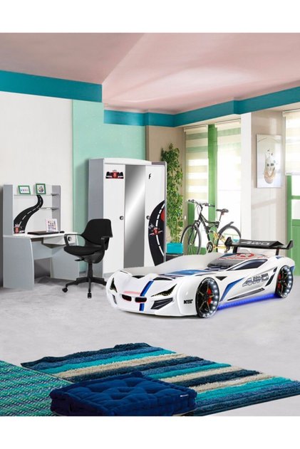 Formula Genç Odası - 3 Kapılı Dolap, Mercedes Full Ledli Arabalı Yatak, Masa - Beyaz