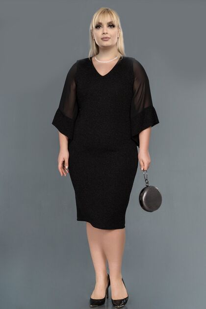 VOLNAY TEKSTL Plus Size Below Knee Sleeve Chiffon Glitter Evening Dress-  Trendyol