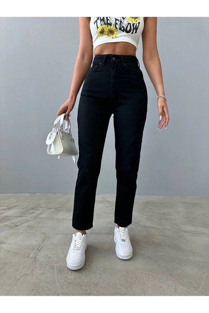 Pantaloni de damă Sera cu talie înaltă din lycra neagră Mom Jean Boyfrend