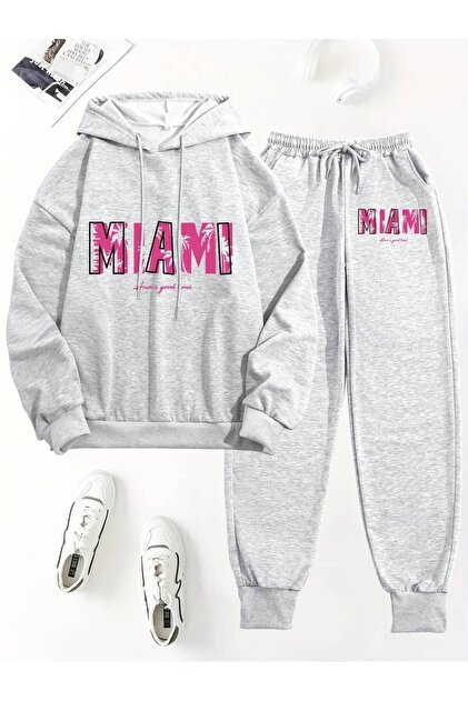 Women's Oversize Printed Relaxed Cut Winter Thick Sweatshirt and Jogger Tracksuit Set