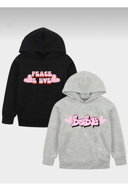 Girl's Hooded Black-Grey Peace Love-Baby Printed 2-Pack Sweatshirt