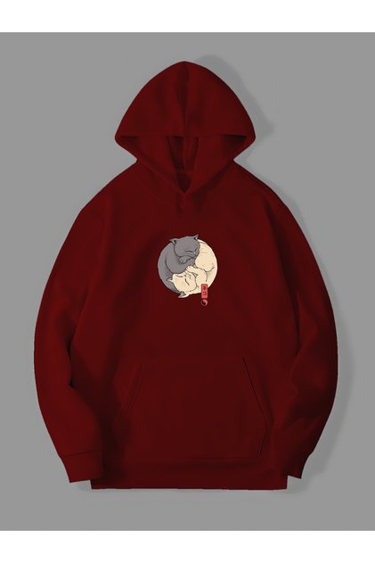 Three Thread Ying Yang Printed Unisex Red Kangaroo Pocket Hooded Sweatshirt Hoodie