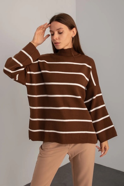 Women's Oversize High Neck Striped Knit Sweater