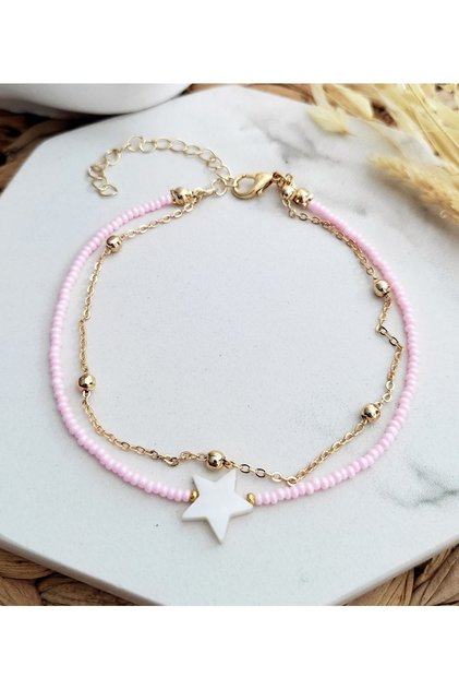 Pembe Sedef Yıldızlı Top Zincirli Halhal