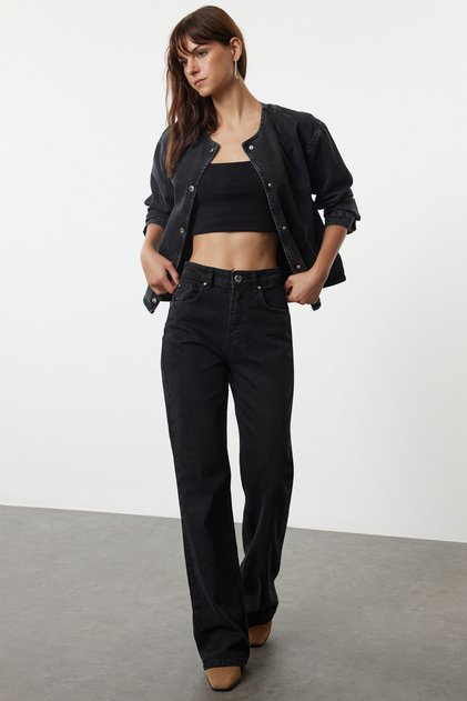 Schwarze High-Waist-Jeans mit weitem Bein TWOAW25JE00155