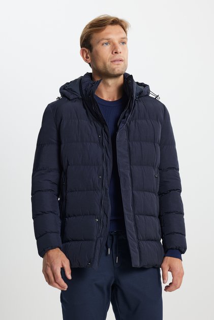 Men's Dark Navy Blue Standard Fit Regular Cut Hooded Collar Side Pocket Coats