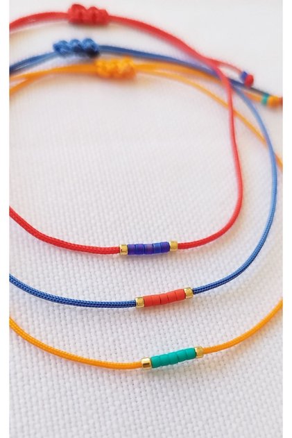 3Pcs Minimal Bracelet Red, Blue and Orange String with Miyuki Beads
