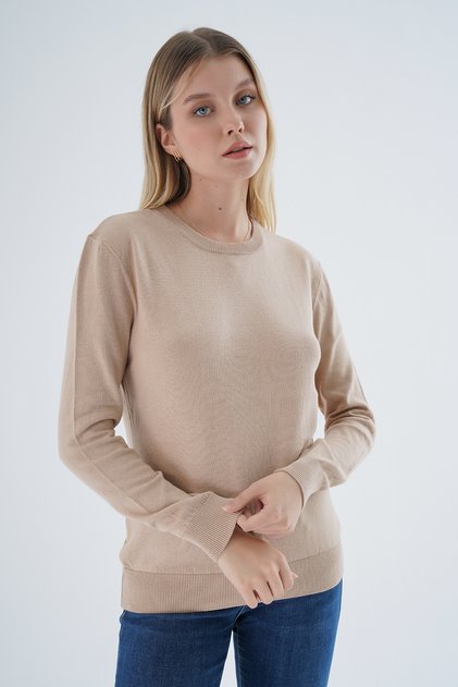 Beige 100% Organic Cotton Crew Neck Knitwear Sweater Blouse